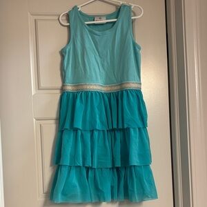 Hanna Andersson Teal Tiered Ruffle Dress with Glitter Waistband